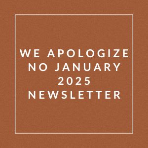 A brown square with white text apologizing for a newsletter.