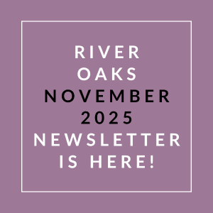 an aqua background with the river oaks july 2024 newsletter is here