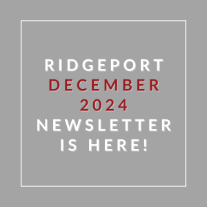 A grey square with red and white text announcing the Ridgeport December 2024 newsletter.