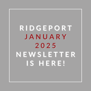 A grey square with red and white text announcing the Ridgeport January 2025 newsletter.