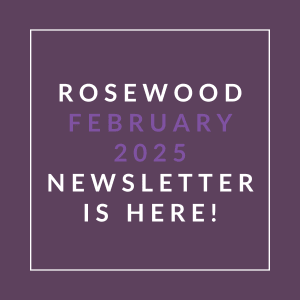 A purple square with white text announcing the Rosewood January 2025 Newsletter.