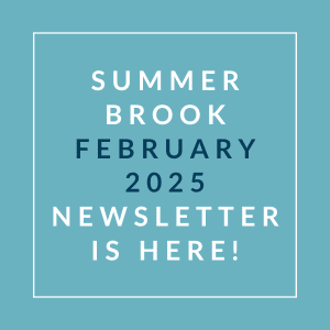 A blue square with text announcing the availability of a newsletter for Summer Brook in January 2025.