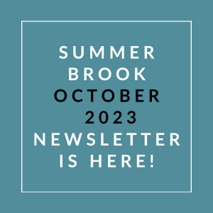 a blue background with a white rectangle and the words summer brook october 23 newsletter is