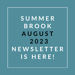 a blue background with a white rectangle and the words summer brook august 23 newsletter is