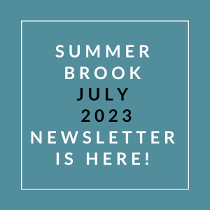 a blue background with a white frame and the words summer brook july 23 newsletter is