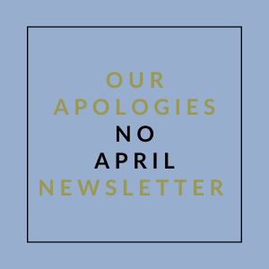 A poster with the text "Our Apologies No May Newsletter" on a green background.