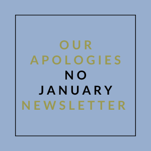 A blue square with text apologizing for no January newsletter.