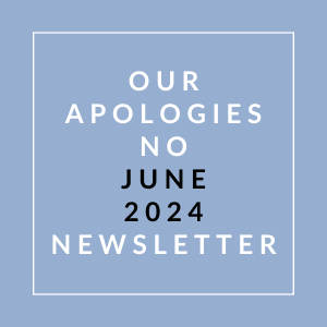 our apologies no june 2024 newsletter white font on blue background