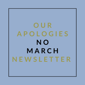 A blue square with the words "Our Apologies No March Newsletter" written in yellow.
