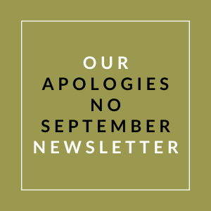 A poster with the text "Our Apologies No September Newsletter" on a green background.