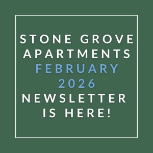 The image is an advertisement for the Stone Grove Apartments January 2026 Newsletter.