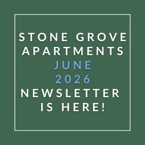 The image is an advertisement for the Stone Grove Apartments June 2026 Newsletter.