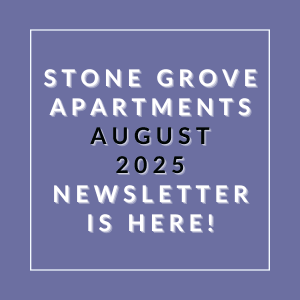 a blue background with a white outline and white text that reads stone grove apartments august