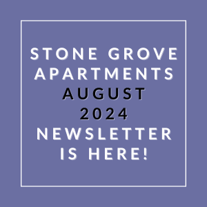 a blue background with a white outline and white text that reads stone grove apartments august