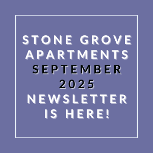 The image announces the Stone Grove Apartments September 2025 newsletter.