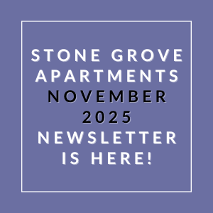 The image is an advertisement for the Stone Grove Apartments November 2025 newsletter.