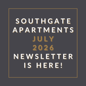 The image announces the availability of the Southgate Apartments July 2026 newsletter.