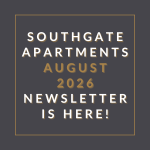 The image is a cover of the Southgate Apartments August 2026 newsletter.