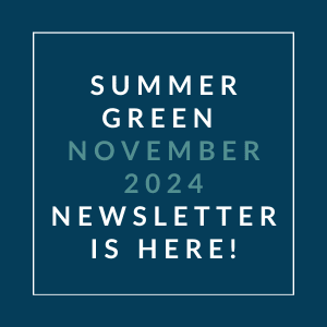 a white frame on a blue background with the words summer green november 2024