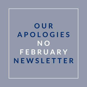 A blue square with the text "Our Apologies No February Newsletter" written in white.