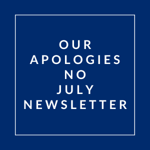 A blue square with the text "Our Apologies No July Newsletter" written in white.