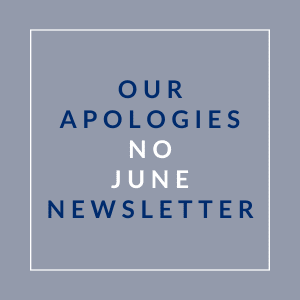 A blue square with the words "Our Apologies No June Newsletter" written in white.