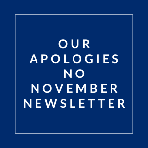 A blue square with the text "Our Apologies No November Newsletter" written in white.
