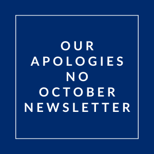 A blue square with the text "Our Apologies No October Newsletter" written in white.