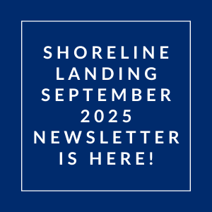 A blue square with white text announcing the Shoreline Landing September 2025 newsletter.