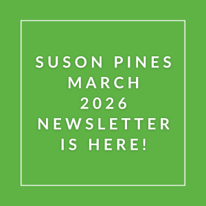 The image announces the availability of the Suson Pines March 2026 newsletter.