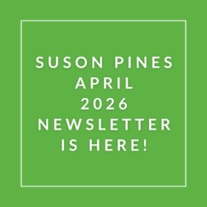 The image announces the availability of the Suson Pines April 2026 newsletter.