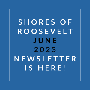 a blue background with a white text box that says shores of roosevelt june 23