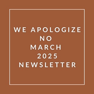A brown square with white text apologizing for a newsletter.
