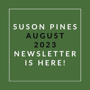 a green sign with the words suson pines august 23 newspaper is here