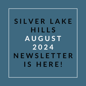 a white line on a blue background with the words silver lake hills august 2024