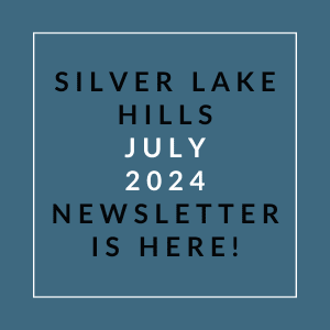 a white line on a blue background with the words silver lake hills july 2024