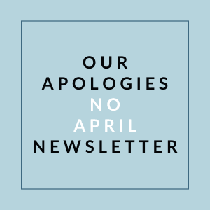 A blue square with the text "Our Apologies No April Newsletter" written in white.