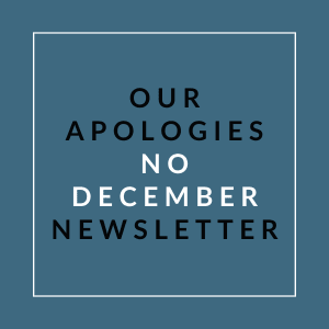 A blue square with text apologizing for no December newsletter.