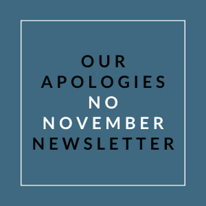A blue square with the text "Our Apologies No November Newsletter" written in white.