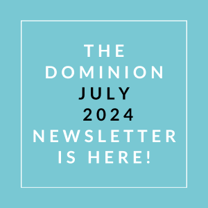 an aqua background with the text the dominion juicy 2024 newsletter is here
