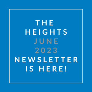 a blue background with a white box with the headline the heights june 23 newsletter is here
