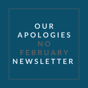 A blue square with the text "Our Apologies No February Newsletter" written in white.