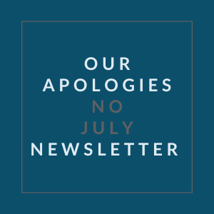 A blue square with the text "Our Apologies No July Newsletter" written in white.