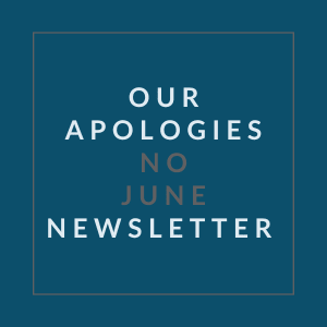 A blue square with the words "Our Apologies No June Newsletter" written in white.