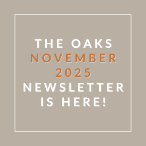 The image announces the availability of The Oaks October 2025 Newsletter.