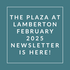The image announces the release of the Plaza at Lamberton February 2025 newsletter.