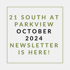 a white square with green text saying south at parkview october 2024 is here