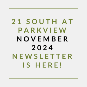 a white square with green text saying south at parkview october 2024 is here