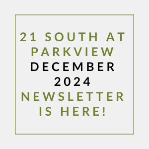 a white square with green text saying south at parkview december 2024 is here