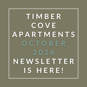 The image is an advertisement for the Timber Cove Apartments October 2026 newsletter.